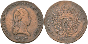 Австрия 6 крейцеров 1800 S, Франц II (1792-1835) KM 2128 медь 221-921