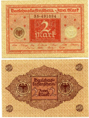 ГЕРМАНИЯ 2 МАРКИ 1920 1 МАРТА 1920, ВЕЙМАРСКАЯ РЕСПУБЛИКА, КРАСНАЯ, СЕРИЯ 35 Pick 59, Rosenberg 65b бумага 7523-6-3-2