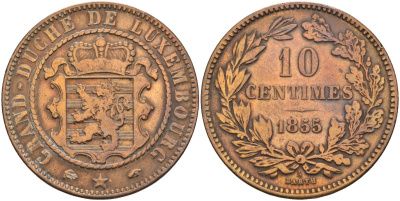 Люксембург 10 сантимов 1855 А, Barth, Виллем III Нидерландский (1849-1890) KM 23.2 бронза 4587-635