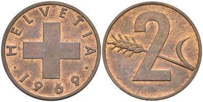Швейцария 2 раппена 1969 KM 47 бронза 4523-247