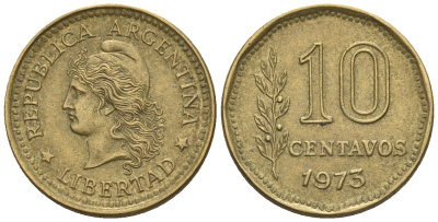 Аргентина 10 сентаво 1973 голова свободы влево KM 66, CJ 346, Schon 66 алюминиевая бронза    4609-1221