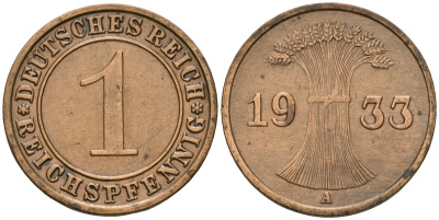 Германия 1 рейхспфенниг 1933 A KM 37, J. 313 бронза 4189-1224