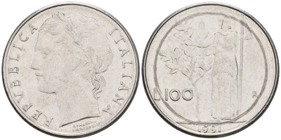 Италия 100 лир 1991 R, Афина в доспехах KM 96.2 нержавеющая сталь 4608-417