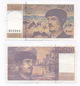 ФРАНЦИЯ 20 ФРАНКОВ 1995 КЛОД ДЕБЮССИ Pick 151h бумага 7146-4-1-2