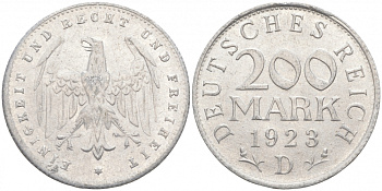 ГЕРМАНИЯ 200 МАРОК 1923 D KM 35, J. 304 алюминий 73-1056