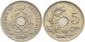 БЕЛЬГИЯ 5 САНТИМОВ 1923 BELGIQUE KM 66 медно-никель 112-238