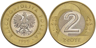 Польша 2 злотых 1995 MW KM 283 биметалл 80-236
