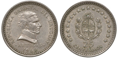 Уругвай 25 сентесимо 1960 KM 40 медно-никель 4169-953