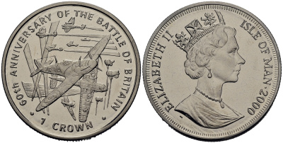 Остров Мэн 1 крона 2000 60 лет битвы за Британию, самолеты медно-никель UNC 00-00