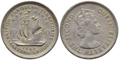 Британские Восточно-Карибские территории 10 центов 1965 Елизавета II (1952-2022), парусник KM 5 медно-никель 4392-268