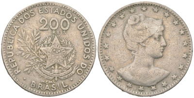 Бразилия 200 реалов 1901 MCMI, голова свободы вправо KM 504 медно-никель 4612-335