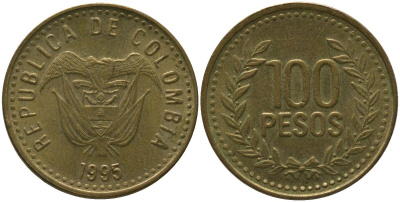 Колумбия 100 песо 1995 KM 285.2, Restrepo 445.4 латунь 4538-1247