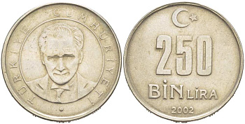 ТУРЦИЯ 250000 ЛИР 2002 КЕМАЛЬ АТАТЮРК KM 1137 медь никель цинк 217-646