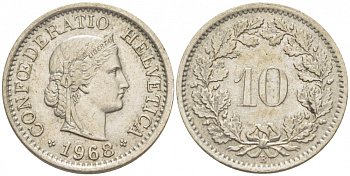 ШВЕЙЦАРИЯ 10 РАППЕНОВ 1968 KM 27 медно-никель 4516-829