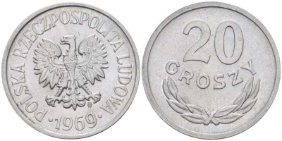 ПОЛЬША 20 ГРОШЕЙ 1969 MW KM А47 алюминий 201-455