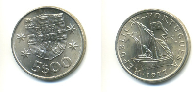 ПОРТУГАЛИЯ 5 ЭСКУДО 1977 ПАРУСНИК KM 591 медно-никель 176-246