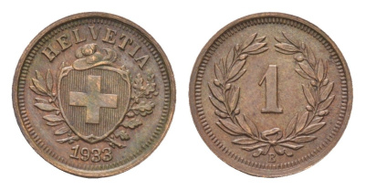 Швейцария 1 раппен 1933 B KM 3 бронза 4659-919