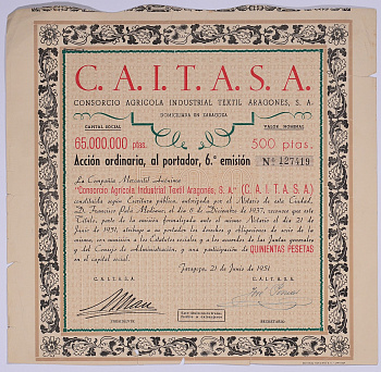 ИСПАНИЯ АЦИЯ НА 500 ПЕСЕТ 1951 C.A.I.T.A.S.A. КОНСОРЦИУМ ИНДУСТРИАЛЬНЫЙ ТЕКСТИЛЬ, САРАГОСЫ 1951 бумага 5544-1