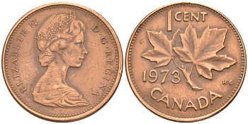 Канада 1 цент 1973 Елизавета II (1952-2022), кленовый лист KM 59.1 бронза 188-751