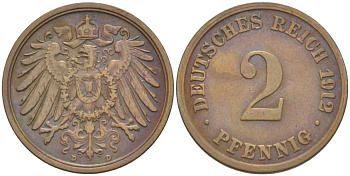Германия 2 пфеннига 1912 D KM 16, J. 11, Weege 4 медь 206-616