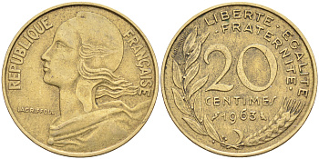 ФРАНЦИЯ 20 САНТИМОВ 1963 KM 930 медь алюминий никель 4589-553