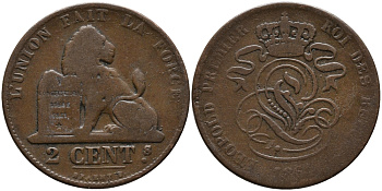 БЕЛЬГИЯ 2 САНТИМА 186X KM 4.2 медь 4393-257