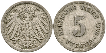 Германия 5 пфеннигов 1908 A KM 11, Jager 12, Weege 6 медно-никель 4364-4533