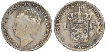 Нидерландское Кюрасао 1 гульден 1944 D, Вильгельмина (1890-1948) KM 45 серебро 36-442