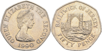 Джерси 50 пенсов 1990 замок Гросне, Елизавета II (1952-) KM 58.1 медно-никель аUNC 4583-613