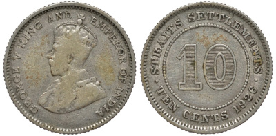 Стрейтс-Сетлментс 10 центов 1926 Георг V (1910-1936) KM 29b серебро 4564-458