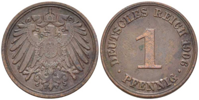 ГЕРМАНИЯ 1 ПФЕННИГ 1906 A KM 10, J. 10 медь 112-1114
