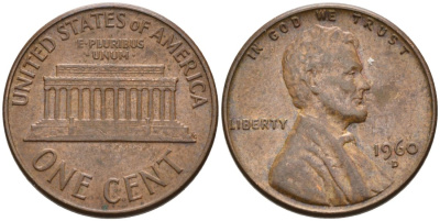 США 1 цент 1960 D, Линкольн KM 201 медь цинк 4564-333