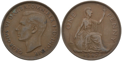 Великобритания 1 пенни 1947 Георг VI (1936-1952) KM 845, Spink 4114 бронза 4607-1234