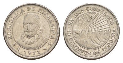 Никарагуа 10 сентаво 1972 KM 17.2a сталь плакированная никелем aUNC 4640-1023