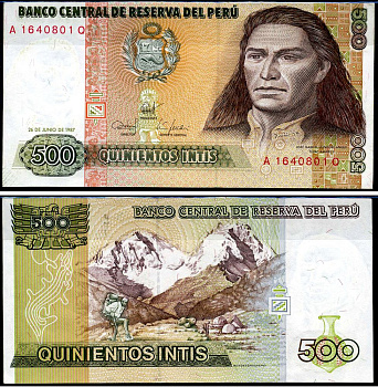 Перу 500 инти 1987 Хосе Габриель, Тупак Амару II, южноамериканский революционер, организатор восстания коренных народов против испанских колониальных властей в перу, альпинисты на восхождении Pick 134b бумага UNC (пресс) 7457-4-1-2