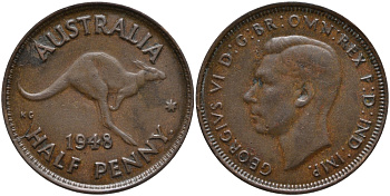 Австралия 1/2 пенни 1948 p, Георг VI (1937-1952), кенгуру KM 41 бронза 84-1416