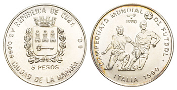 Куба 5 песо 1988 Чемпионат мира по футболу 1990, Италия KM 216 серебро BU 1079-9-63