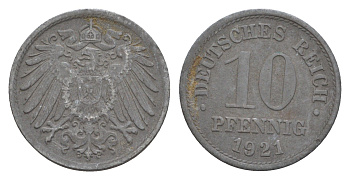 Германия 10 пфеннигов 1921 KM 26, J. 299 цинк 4659-156
