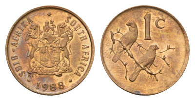 ЮАР 1 цент 1988 герб, капские воробьи, первый год KM 82 бронза UNC 4643-257