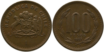 Чили 100 песо 1997 So KM 226.2, Schon 71 алюминиевая бронза 4544-1251