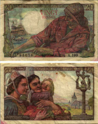 ФРАНЦИЯ 20 ФРАНКОВ 1949 10 МАРТА 1949, РЫБАК Pick 100с бумага VF 7183-16-2-2