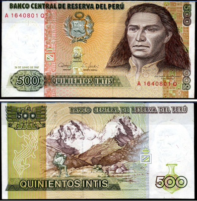 Перу 500 инти 1987 Хосе Габриель, Тупак Амару II, южноамериканский революционер, организатор восстания коренных народов против испанских колониальных властей в перу, альпинисты на восхождении Pick 134b бумага UNC (пресс) 7457-4-1-2