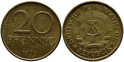 ГДР 20 пфеннигов 1969 А, первый год KM 11 латунь UNC 4398-224