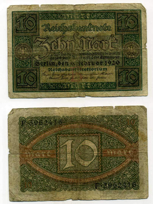 ГЕРМАНИЯ 10 МАРОК 1920 6 ФЕВРАЛЯ 1920, БУКВА B, СЕРИЯ F, СЕМЬ ЦИФР В НОМЕРЕ СЕРИИ Pick 67a, Rosenberg 63а бумага 7146-49-4-2