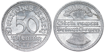 Германия 50 пфеннигов 1922 A KM 27, J. 301 алюминий aUNC 4114-915
