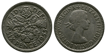 Великобритания 6 пенсов 1953 Елизавета II (1952-2022) KM 889, Spink 4141 889 медно-никель 4381-635