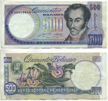 Венесуэла 500 боливаров 1990 серия B, Симон Боливар, орхидеи Pick 67d бумага 6278-14-2