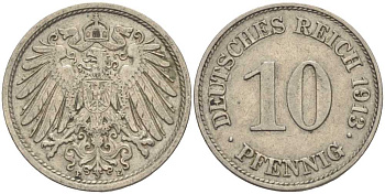 ГЕРМАНИЯ 10 ПФЕННИГОВ 1913 E KM 12, J. 13 медно-никель 33-632