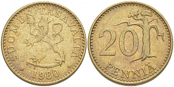 ФИНЛЯНДИЯ 20 ПЕННИ 1980 K KM 47 алюминиевая бронза 3718-654
