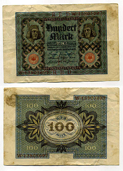 Германия 100 марок 1920 Бамбергский всадник, 8 цифр в номере Pick 69 b, Розенберг 69b бумага 8619-39-1-1